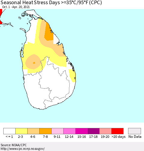 Sri Lanka Seasonal Heat Stress Days >=35°C/95°F (CPC) Thematic Map For 10/1/2020 - 4/20/2021