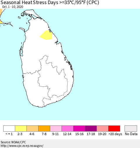 Sri Lanka Seasonal Heat Stress Days >=35°C/95°F (CPC) Thematic Map For 10/1/2020 - 10/10/2020