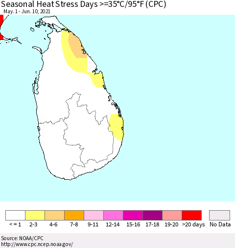 Sri Lanka Seasonal Heat Stress Days >=35°C/95°F (CPC) Thematic Map For 5/1/2021 - 6/10/2021