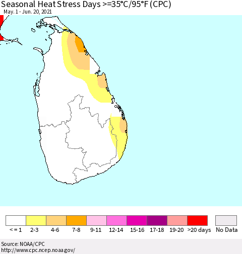 Sri Lanka Seasonal Heat Stress Days >=35°C/95°F (CPC) Thematic Map For 5/1/2021 - 6/20/2021