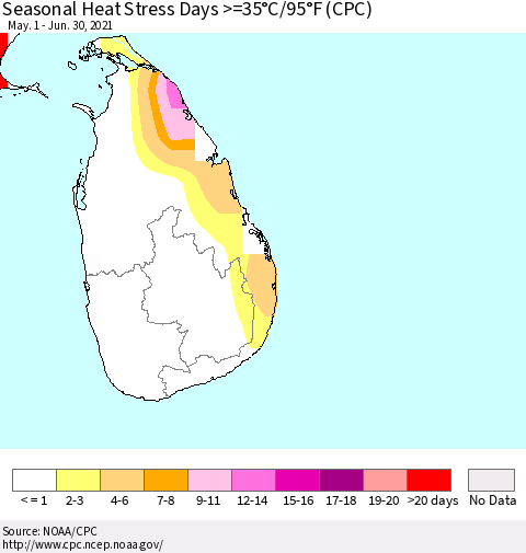 Sri Lanka Seasonal Heat Stress Days >=35°C/95°F (CPC) Thematic Map For 5/1/2021 - 6/30/2021