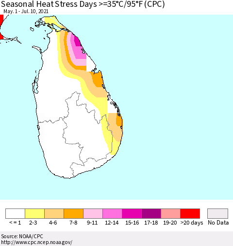 Sri Lanka Seasonal Heat Stress Days >=35°C/95°F (CPC) Thematic Map For 5/1/2021 - 7/10/2021