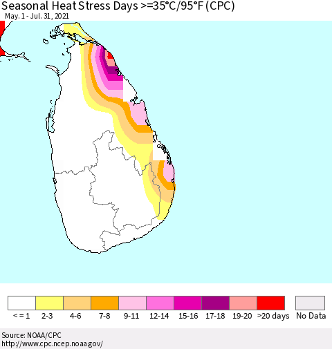 Sri Lanka Seasonal Heat Stress Days >=35°C/95°F (CPC) Thematic Map For 5/1/2021 - 7/31/2021