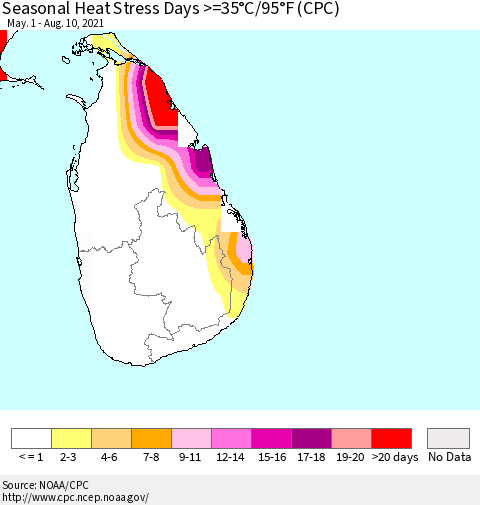 Sri Lanka Seasonal Heat Stress Days >=35°C/95°F (CPC) Thematic Map For 5/1/2021 - 8/10/2021