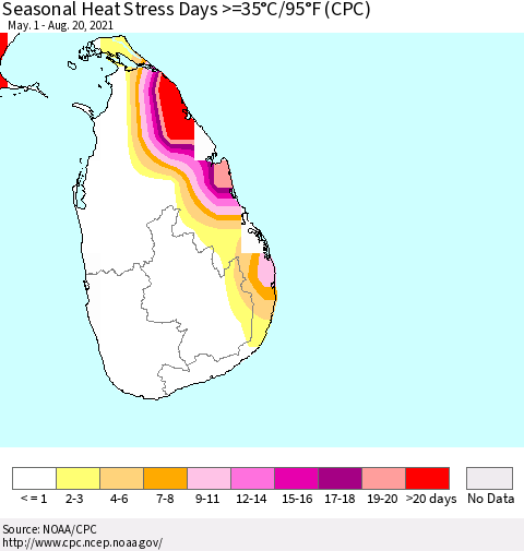 Sri Lanka Seasonal Heat Stress Days >=35°C/95°F (CPC) Thematic Map For 5/1/2021 - 8/20/2021