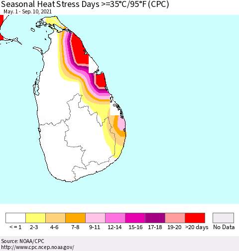 Sri Lanka Seasonal Heat Stress Days >=35°C/95°F (CPC) Thematic Map For 5/1/2021 - 9/10/2021