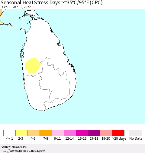 Sri Lanka Seasonal Heat Stress Days >=35°C/95°F (CPC) Thematic Map For 10/1/2021 - 3/10/2022