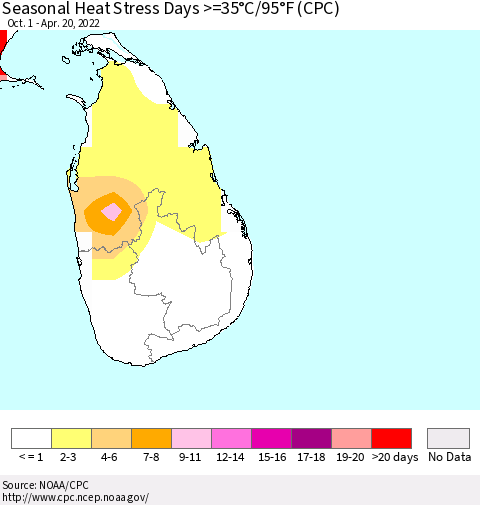 Sri Lanka Seasonal Heat Stress Days >=35°C/95°F (CPC) Thematic Map For 10/1/2021 - 4/20/2022