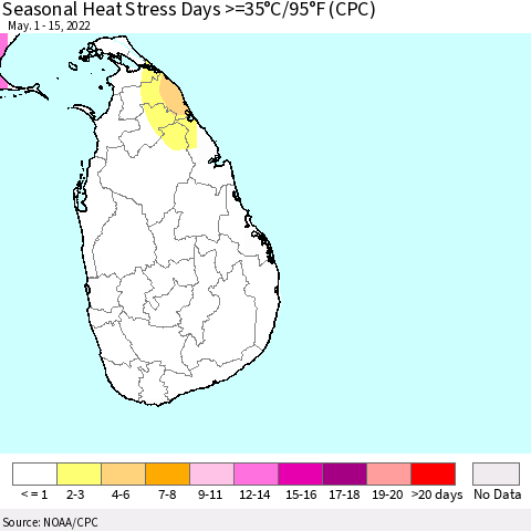 Sri Lanka Seasonal Heat Stress Days >=35°C/95°F (CPC) Thematic Map For 5/1/2022 - 5/15/2022