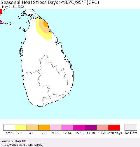 Sri Lanka Seasonal Heat Stress Days >=35°C/95°F (CPC) Thematic Map For 5/1/2022 - 5/31/2022