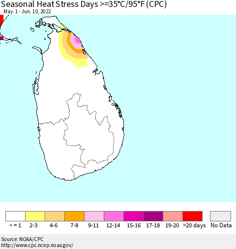 Sri Lanka Seasonal Heat Stress Days >=35°C/95°F (CPC) Thematic Map For 5/1/2022 - 6/10/2022