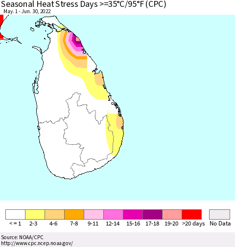 Sri Lanka Seasonal Heat Stress Days >=35°C/95°F (CPC) Thematic Map For 5/1/2022 - 6/30/2022