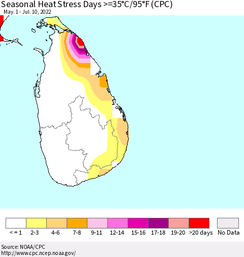 Sri Lanka Seasonal Heat Stress Days >=35°C/95°F (CPC) Thematic Map For 5/1/2022 - 7/10/2022