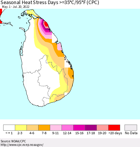 Sri Lanka Seasonal Heat Stress Days >=35°C/95°F (CPC) Thematic Map For 5/1/2022 - 7/20/2022