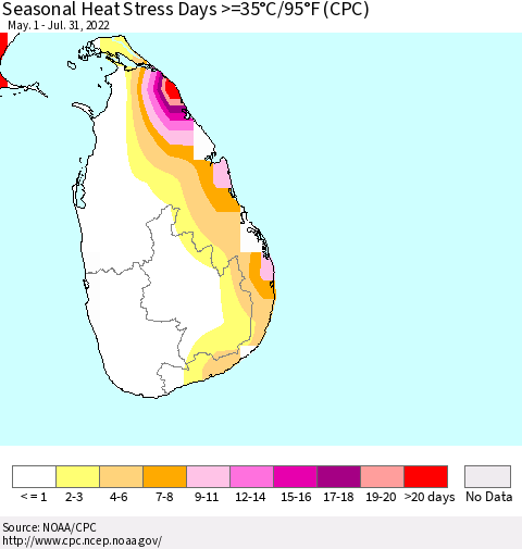 Sri Lanka Seasonal Heat Stress Days >=35°C/95°F (CPC) Thematic Map For 5/1/2022 - 7/31/2022