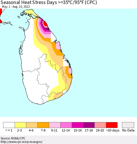 Sri Lanka Seasonal Heat Stress Days >=35°C/95°F (CPC) Thematic Map For 5/1/2022 - 8/10/2022