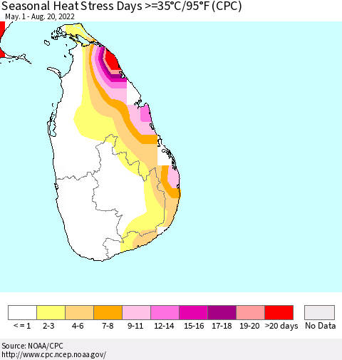Sri Lanka Seasonal Heat Stress Days >=35°C/95°F (CPC) Thematic Map For 5/1/2022 - 8/20/2022