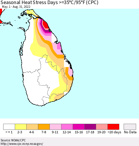 Sri Lanka Seasonal Heat Stress Days >=35°C/95°F (CPC) Thematic Map For 5/1/2022 - 8/31/2022