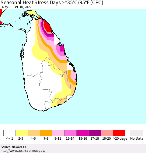 Sri Lanka Seasonal Heat Stress Days >=35°C/95°F (CPC) Thematic Map For 5/1/2022 - 10/10/2022