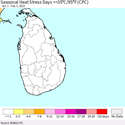 Sri Lanka Seasonal Heat Stress Days >=35°C/95°F (CPC) Thematic Map For 10/1/2022 - 2/5/2023