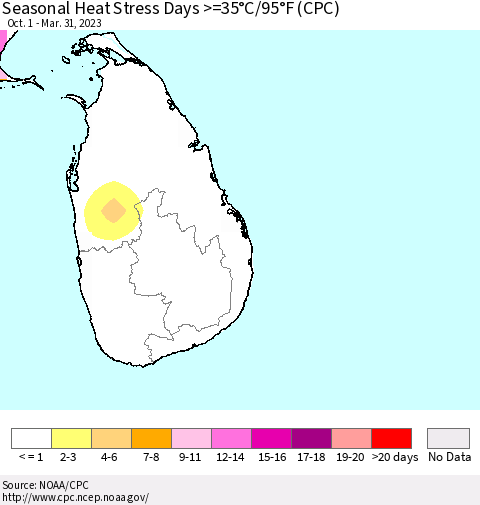 Sri Lanka Seasonal Heat Stress Days >=35°C/95°F (CPC) Thematic Map For 10/1/2022 - 3/31/2023