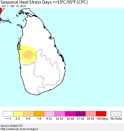 Sri Lanka Seasonal Heat Stress Days >=35°C/95°F (CPC) Thematic Map For 10/1/2022 - 4/10/2023