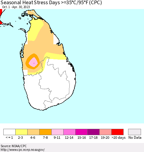 Sri Lanka Seasonal Heat Stress Days >=35°C/95°F (CPC) Thematic Map For 10/1/2022 - 4/30/2023