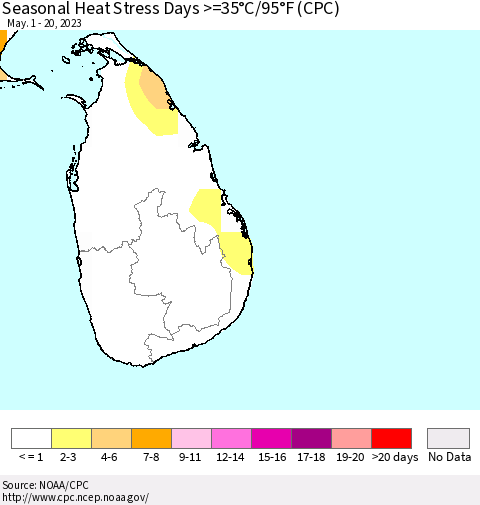 Sri Lanka Seasonal Heat Stress Days >=35°C/95°F (CPC) Thematic Map For 5/1/2023 - 5/20/2023