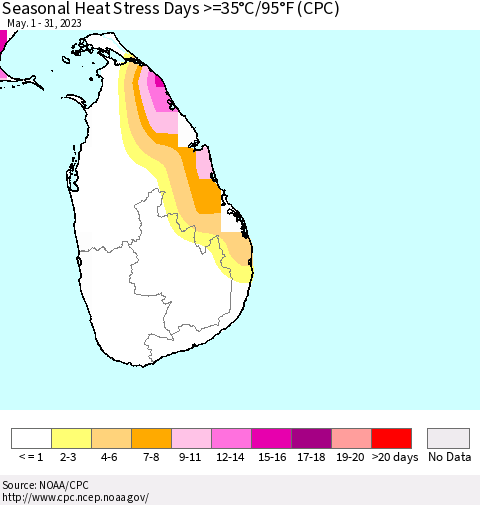 Sri Lanka Seasonal Heat Stress Days >=35°C/95°F (CPC) Thematic Map For 5/1/2023 - 5/31/2023