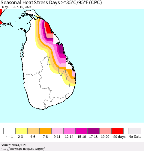 Sri Lanka Seasonal Heat Stress Days >=35°C/95°F (CPC) Thematic Map For 5/1/2023 - 6/10/2023