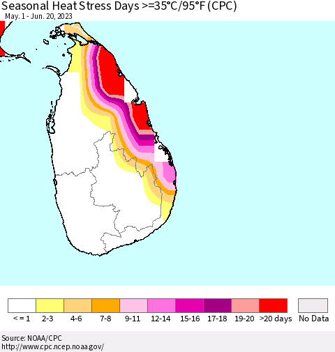 Sri Lanka Seasonal Heat Stress Days >=35°C/95°F (CPC) Thematic Map For 5/1/2023 - 6/20/2023