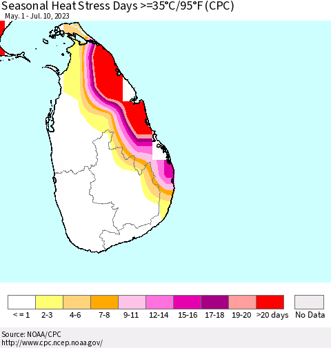 Sri Lanka Seasonal Heat Stress Days >=35°C/95°F (CPC) Thematic Map For 5/1/2023 - 7/10/2023