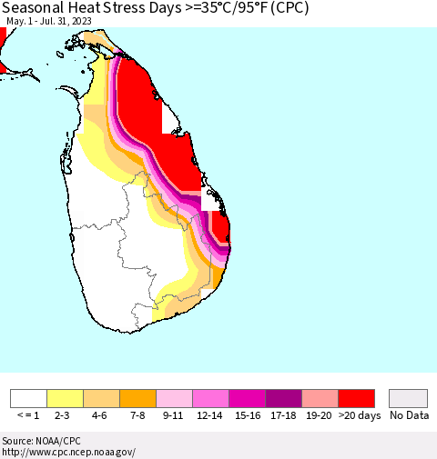 Sri Lanka Seasonal Heat Stress Days >=35°C/95°F (CPC) Thematic Map For 5/1/2023 - 7/31/2023