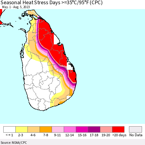 Sri Lanka Seasonal Heat Stress Days >=35°C/95°F (CPC) Thematic Map For 5/1/2023 - 8/5/2023