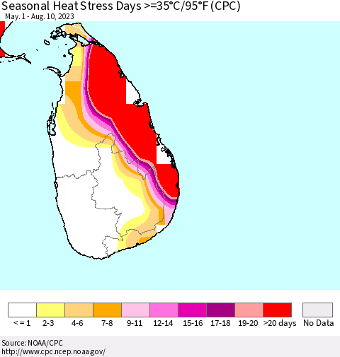 Sri Lanka Seasonal Heat Stress Days >=35°C/95°F (CPC) Thematic Map For 5/1/2023 - 8/10/2023