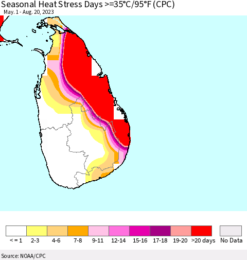 Sri Lanka Seasonal Heat Stress Days >=35°C/95°F (CPC) Thematic Map For 5/1/2023 - 8/20/2023