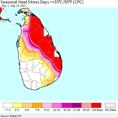 Sri Lanka Seasonal Heat Stress Days >=35°C/95°F (CPC) Thematic Map For 5/1/2023 - 8/25/2023