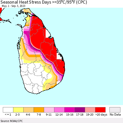 Sri Lanka Seasonal Heat Stress Days >=35°C/95°F (CPC) Thematic Map For 5/1/2023 - 9/5/2023
