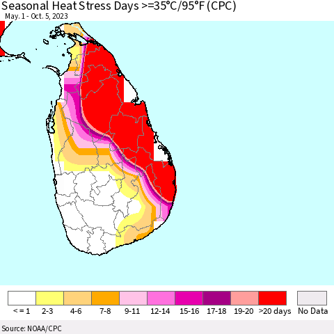 Sri Lanka Seasonal Heat Stress Days >=35°C/95°F (CPC) Thematic Map For 5/1/2023 - 10/5/2023