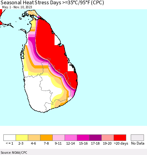 Sri Lanka Seasonal Heat Stress Days >=35°C/95°F (CPC) Thematic Map For 5/1/2023 - 11/10/2023