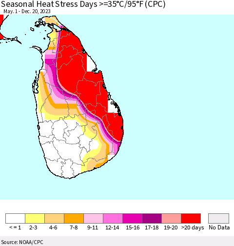 Sri Lanka Seasonal Heat Stress Days >=35°C/95°F (CPC) Thematic Map For 5/1/2023 - 12/20/2023