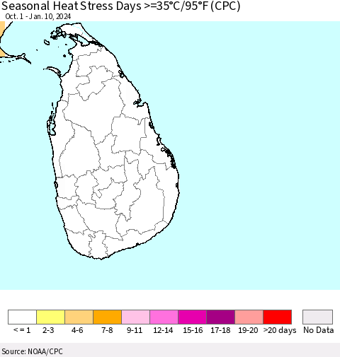 Sri Lanka Seasonal Heat Stress Days >=35°C/95°F (CPC) Thematic Map For 10/1/2023 - 1/10/2024