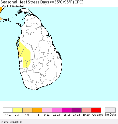 Sri Lanka Seasonal Heat Stress Days >=35°C/95°F (CPC) Thematic Map For 10/1/2023 - 2/20/2024