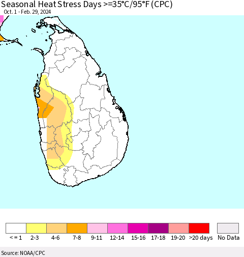 Sri Lanka Seasonal Heat Stress Days >=35°C/95°F (CPC) Thematic Map For 10/1/2023 - 2/29/2024