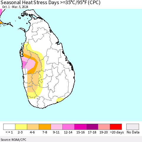 Sri Lanka Seasonal Heat Stress Days >=35°C/95°F (CPC) Thematic Map For 10/1/2023 - 3/5/2024