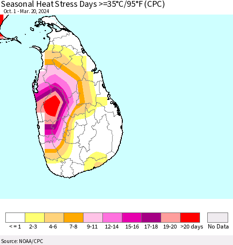 Sri Lanka Seasonal Heat Stress Days >=35°C/95°F (CPC) Thematic Map For 10/1/2023 - 3/20/2024
