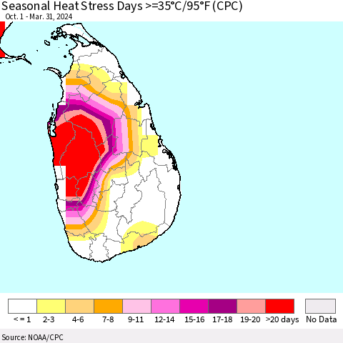 Sri Lanka Seasonal Heat Stress Days >=35°C/95°F (CPC) Thematic Map For 10/1/2023 - 3/31/2024