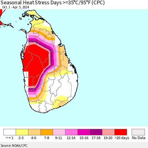 Sri Lanka Seasonal Heat Stress Days >=35°C/95°F (CPC) Thematic Map For 10/1/2023 - 4/5/2024