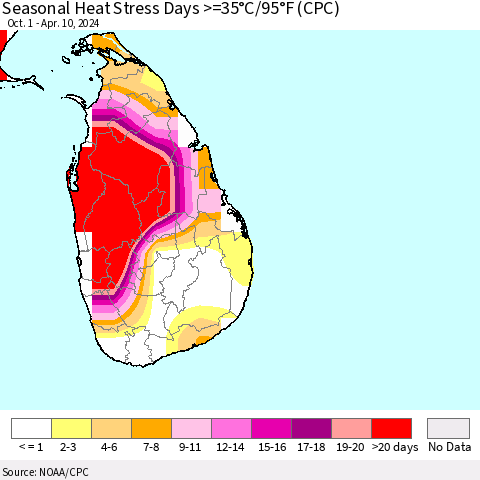 Sri Lanka Seasonal Heat Stress Days >=35°C/95°F (CPC) Thematic Map For 10/1/2023 - 4/10/2024