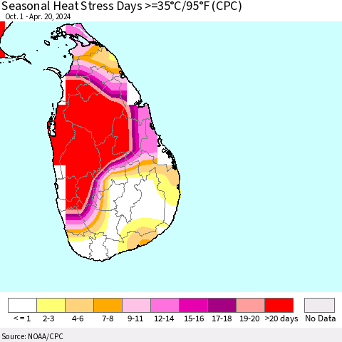 Sri Lanka Seasonal Heat Stress Days >=35°C/95°F (CPC) Thematic Map For 10/1/2023 - 4/20/2024